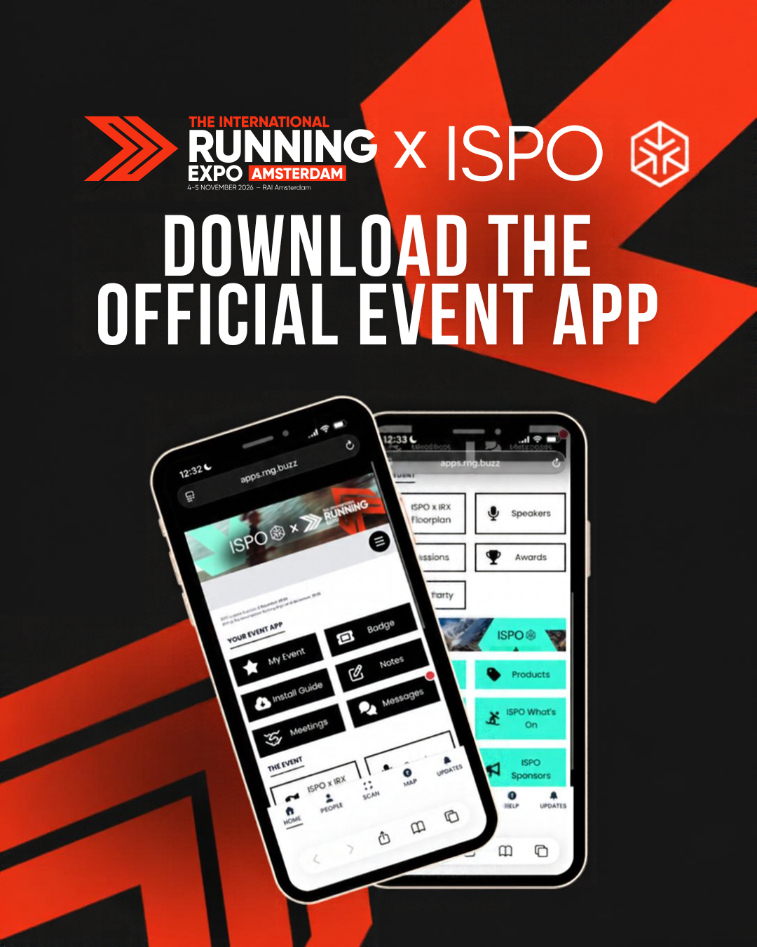 Download the official ISPO and IRX Event App, shown on two mobile phones